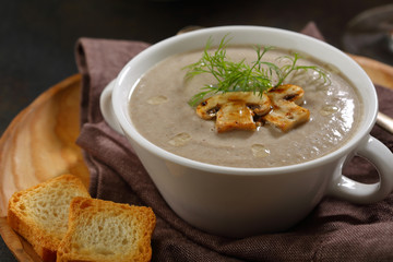 Mushrooms hot soup and croutons