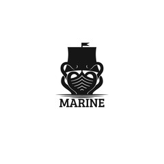 Marine logo. Store, dock shop. Sailing yacht or boat with octopus icon.
