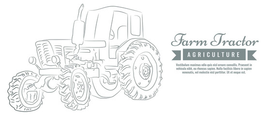 Farm tractor with sketch style line art design. Hand drawn vector illustration.