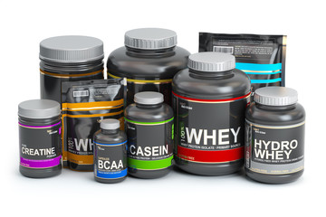 Sports  nutrition (supplements) for bodybuilding. Whey protein casein, bcaa, creatine isolated on white background.