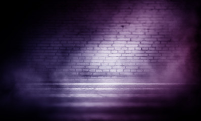 Background of an empty dark room. Empty brick walls, neon light, smoke, glow