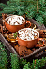 Mugs filled with hot chocolate and marshmallows
