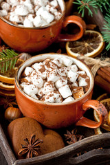 Ceramic mug filled with hot chocolate and marshmallows