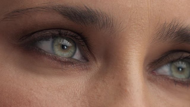 closeup of bright green eyes looking straight and then to the camera