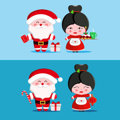Santa claus and Asian Chinese woman with Christmas cake .