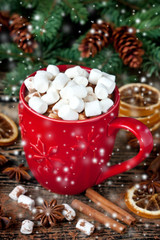 Obraz na płótnie Canvas Homemade hot chocolate in mugs with marshmallow