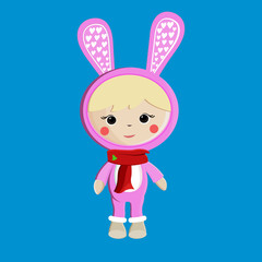 Cute girl in a rabbit costume with a scarf.Vector Illustration of a  girl in suit of a rabbit. New Year Background.