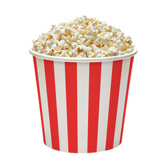 Popcorn in red and white striped cardboard or carton bucket mockup or mock up template isolated on...