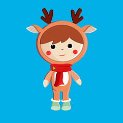 Cute little kid wearing Christmas costume, happy child in costumes of reindeer, cartoon vector illustration.