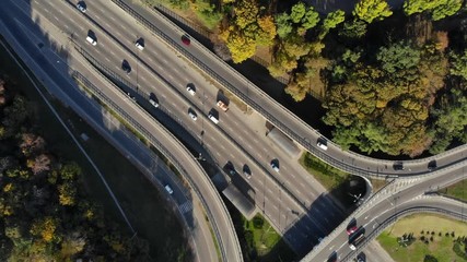 drone shot busy traffic intersection in city