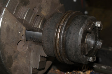 Drilling machine turning works metalworking production drill closeup for design background