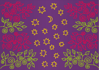 Elegant graphic background of leaves and stars. Manual graphics. Violet, red, green and yellow colors. Vector drawing.