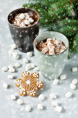Obraz na płótnie Canvas Cup of creamy hot chocolate with melted marshmallows for christmas holiday