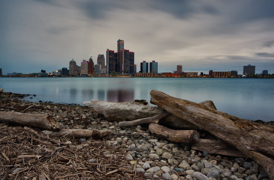 Autumn Long Exposure Landscape of the Windsor, Ontario and Detroit, Michigan Riverfronts as seen from the bank of the Detroit River