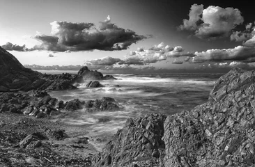 Foto op Aluminium Zwart wit Lange blootstelling rotsachtige kustlijn - B&amp W.