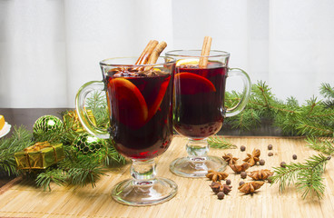 Mulled wine with spices-winter hot drinks. Star anise, cinnamon