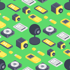 Technology isometric gadgets vector computer seamless pattern web equipment. Isometrical tools graphic communication digital elements. Network electronic decorative illustration background