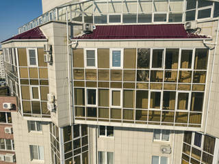 Fototapeta na wymiar close up aerial glass balcony in the skyscraper, luxury apartments f