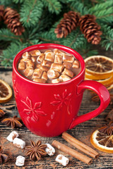 Red mug with hot chocolate and marshmallows