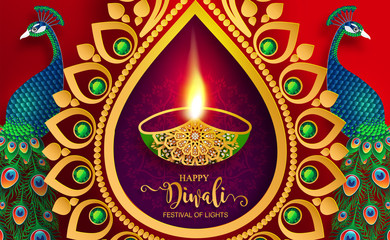 Happy Diwali festival card with gold diya patterned and crystals on paper color Background.