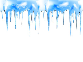 Iicicles realistic seamless vector border for Winter background. Natural icicles hanging down from a roof on a white background