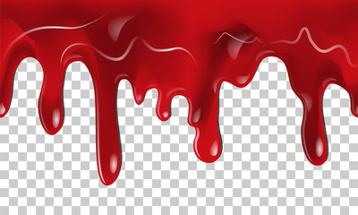 Dripping seamless blood. Flow liquid, drip wet. Thick red ketchup or jam flow down Halloween concept: Blood dripping - Seamless Vector on transparent background