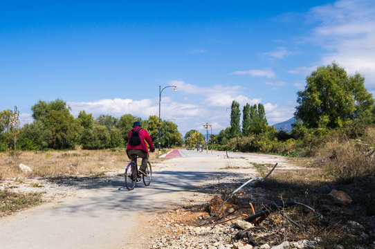 Ohrid, Macedonia,  under construction. From sandy path into fancy promenade with bicycle path.