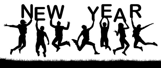 Happy people holiday jumping, hold the letters in their hands, the word New Year. Vector silhouette
