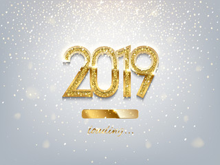 Obraz na płótnie Canvas 2019 New Year loading luxury template. Vector golden 2019 New Year loading sparkling sign under falling golden snow.