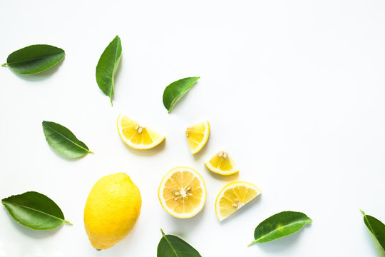 Top view of lemon and leaves on white background.concepts ideas of fruit,vegetable.