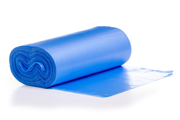 Blue trash bags on a white background. Isolation