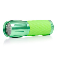 Flashlight green equipment on a white background. Isolation