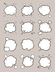 Set of templates for cartoon background. Boom comic book explosion, speech bubble vector illustration.