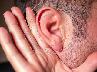 Perfect ear of young man with gray waves and his hand support it. Close up