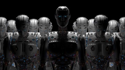 3D Render Futuristic Robot army or group of cyborgs on black background - obrazy, fototapety, plakaty