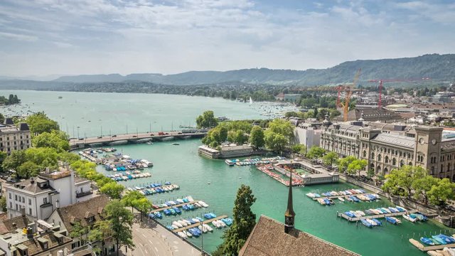 Quaibrucke road bridge and the river Limmat, at the outflow of Lake Zurich. Panoramic view, urban landcape, Zurich, Switzerland