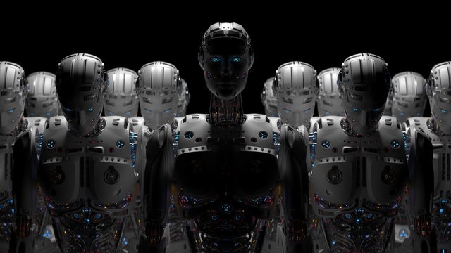 3D Render Futuristic Robot army or group of cyborgs on black background