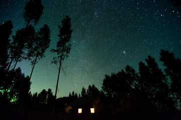 Stars and green Aurora Borealis above treetops and country house.