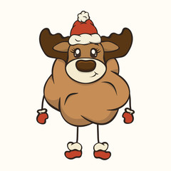 Fototapeta premium Vector image of a New Year's deer in Santa Claus's clothes. Merry Christmas and Happy New Year design in traditional style, greeting card. Rudolf in Santa's hat. Cute funny reindeer for children.