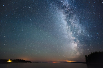 Milky Way and stars above lake.