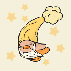 Little gnome flies in sky, vector image isolated. Magic little man with beard in a cap with pompon flying. Christmas mystery person. Cute cartoon dwarf. Small man fairy-tale character Charmer, wizard.