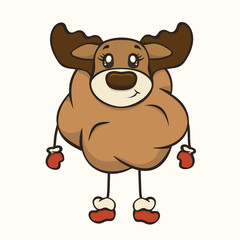 Cute Christmas cartoon deer character with antler vector image isolated. Funny deer plush toy Children's Xmas design. Merry Christmas and Happy New Year Greeting card. Stuffed animal in mittens, boots