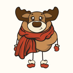 Vector image of a New Year's deer in Santa Claus's clothes. Merry Christmas and Happy New Year design in traditional style, greeting card. Rudolf in Santa's scarf. Cute funny character for children.