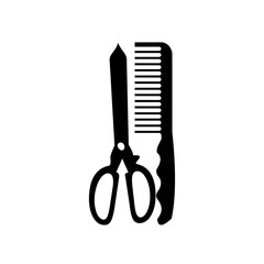 black scissor and comb bursh icons for hairstyle, hair cutting, also tailor and barbershop background