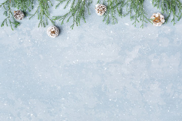 Christmas and New Year snowy background. Green twigs and cones border. Blue copy space, top view....