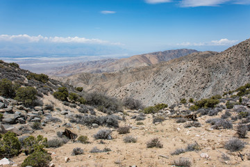 Fototapeta na wymiar Keys View, a scenic desert viewpoint in Joshua Tree National Park, shows a beautiful view of the Coachella Valley below