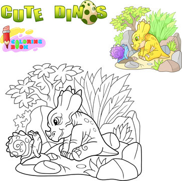 cartoon little cute dinosaur, funny illustration coloring book