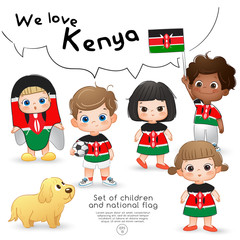 Kenya : Boys and girls holding flag and wearing shirts with national flag print : Vector Illustration