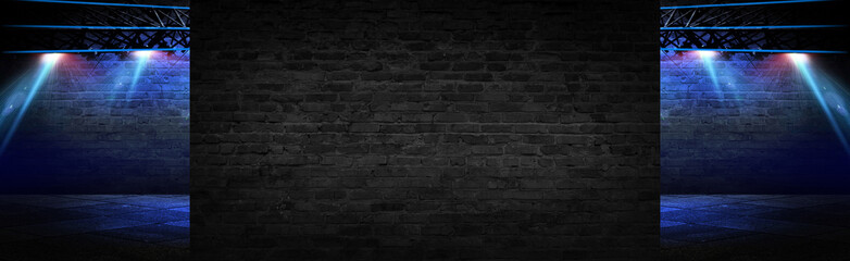 Empty brick wall background with neon lights, spotlights.