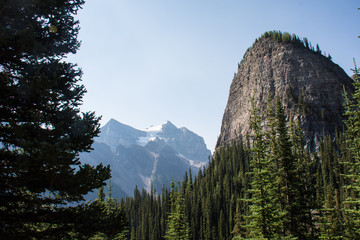 Big Beehive, a famous rock formation in the Canadian Rockies, on the Lake Agnes Teahouse trail at Lake Louise in Banff National Park